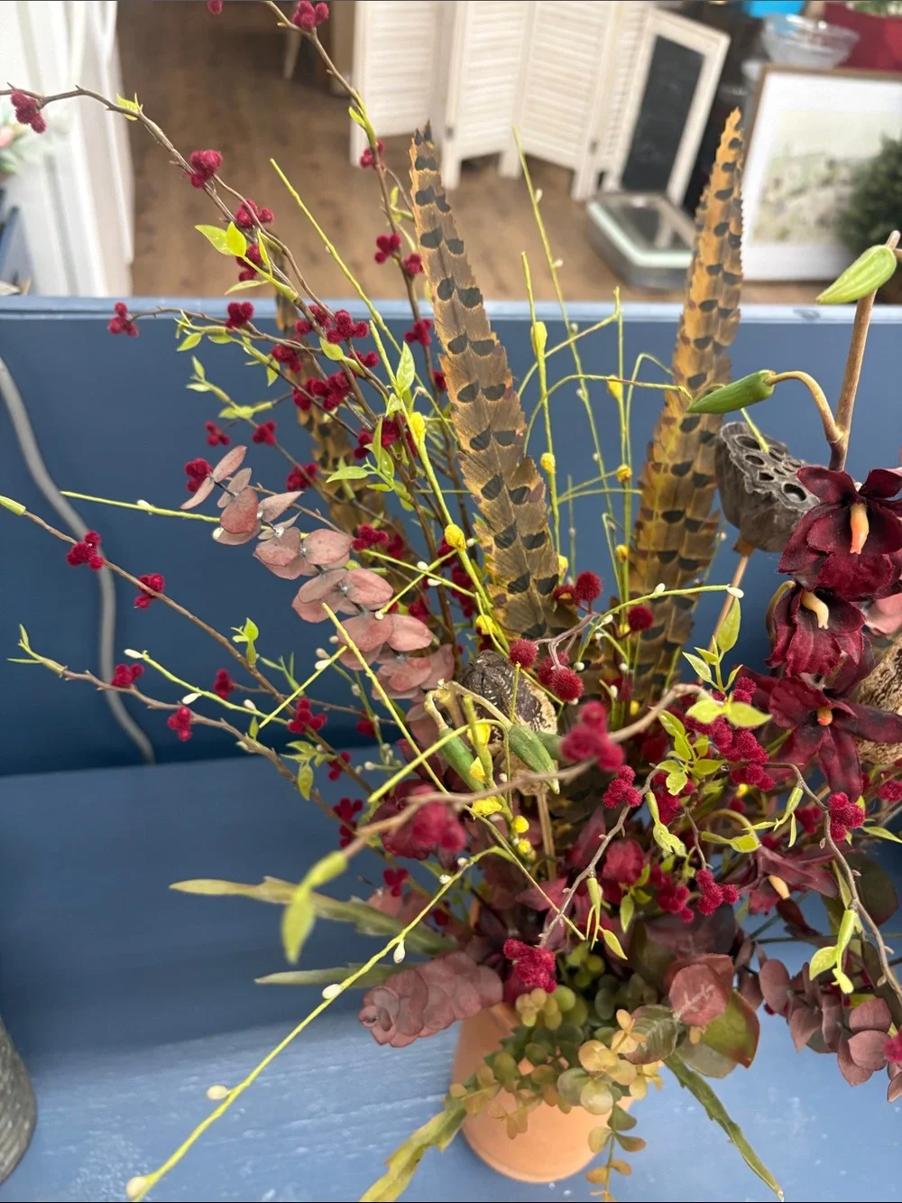okie dokie Burgundy, Dusty Pink and Green Faux Floral Arrangement
